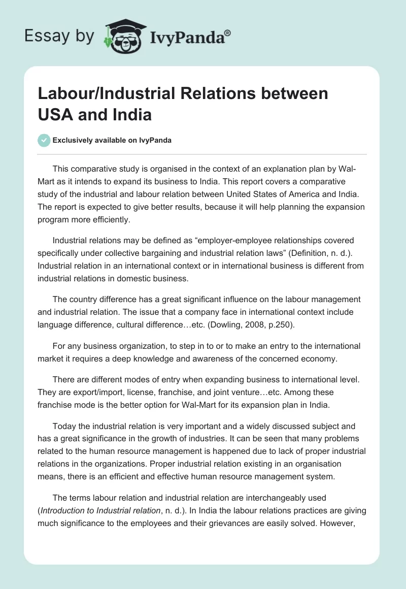 Labour/Industrial Relations between USA and India. Page 1