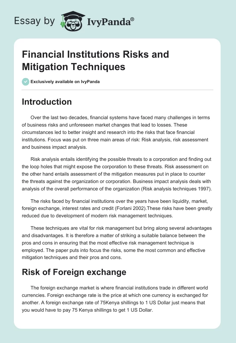 Financial Institutions Risks and Mitigation Techniques. Page 1