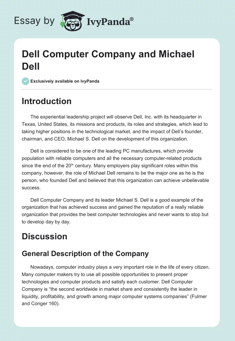 Dell Computer Company and Michael Dell. Page 1