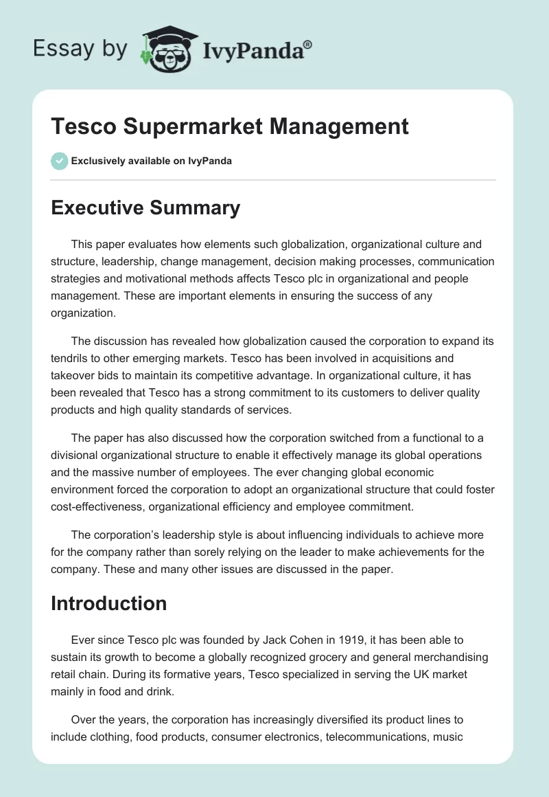 Tesco Supermarket Management. Page 1