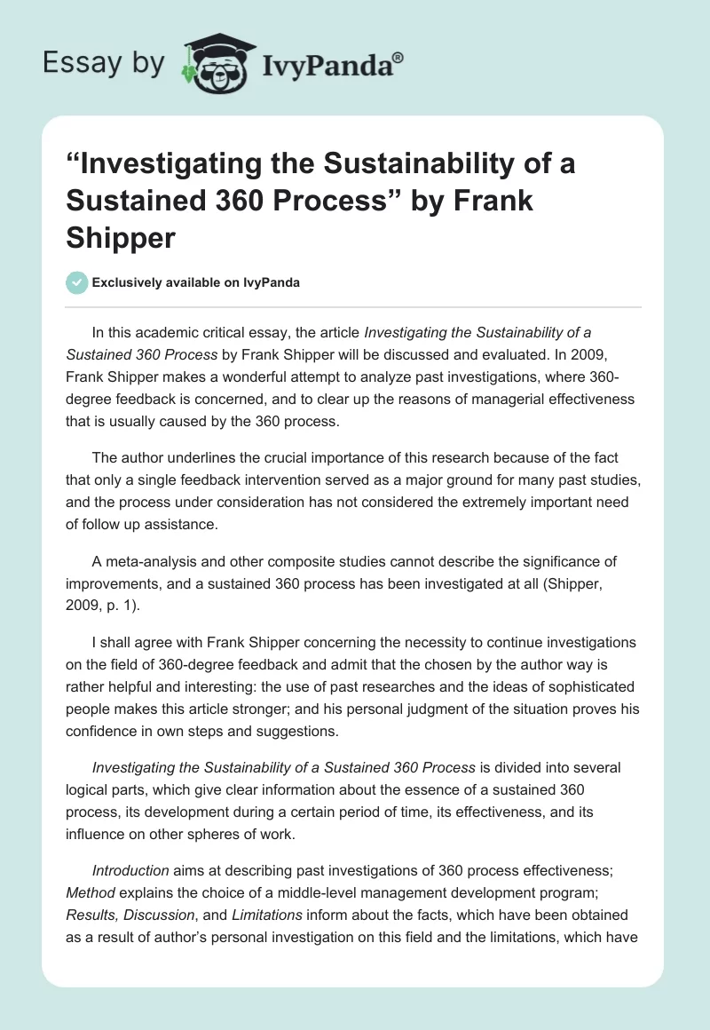 “Investigating the Sustainability of a Sustained 360 Process” by Frank Shipper. Page 1