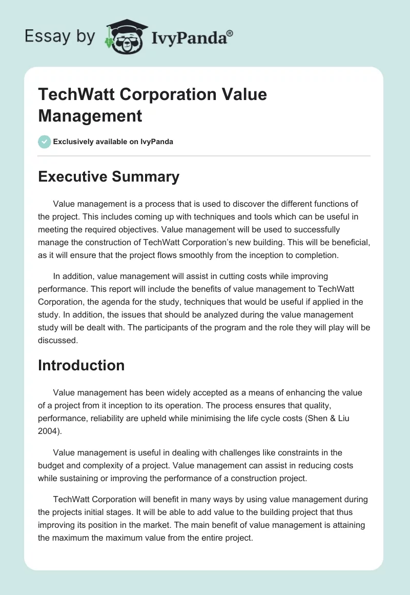 TechWatt Corporation Value Management. Page 1