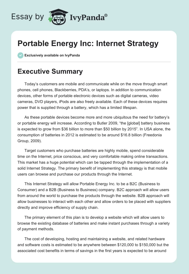 Portable Energy Inc: Internet Strategy. Page 1
