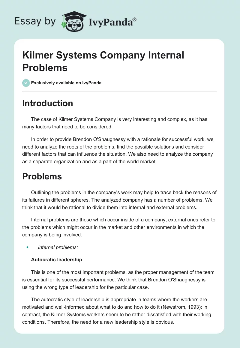 Kilmer Systems Company Internal Problems. Page 1