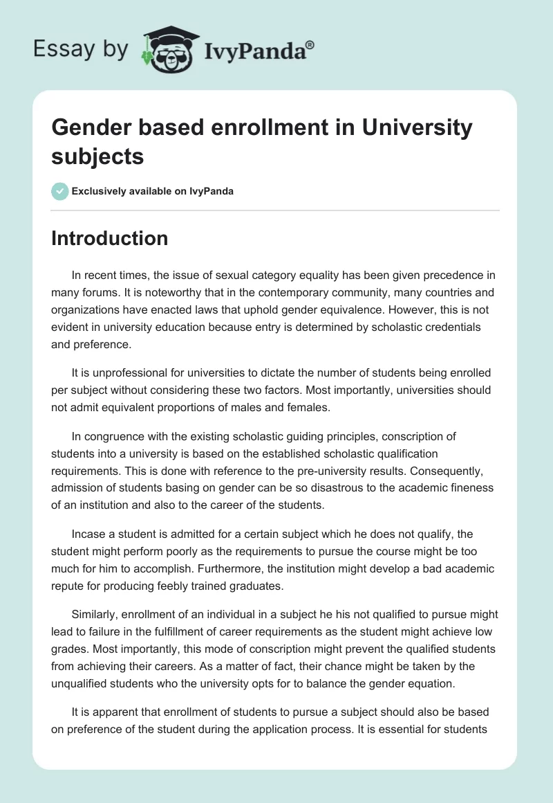 Gender based enrollment in University subjects. Page 1