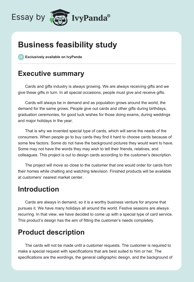 Business feasibility study. Page 1