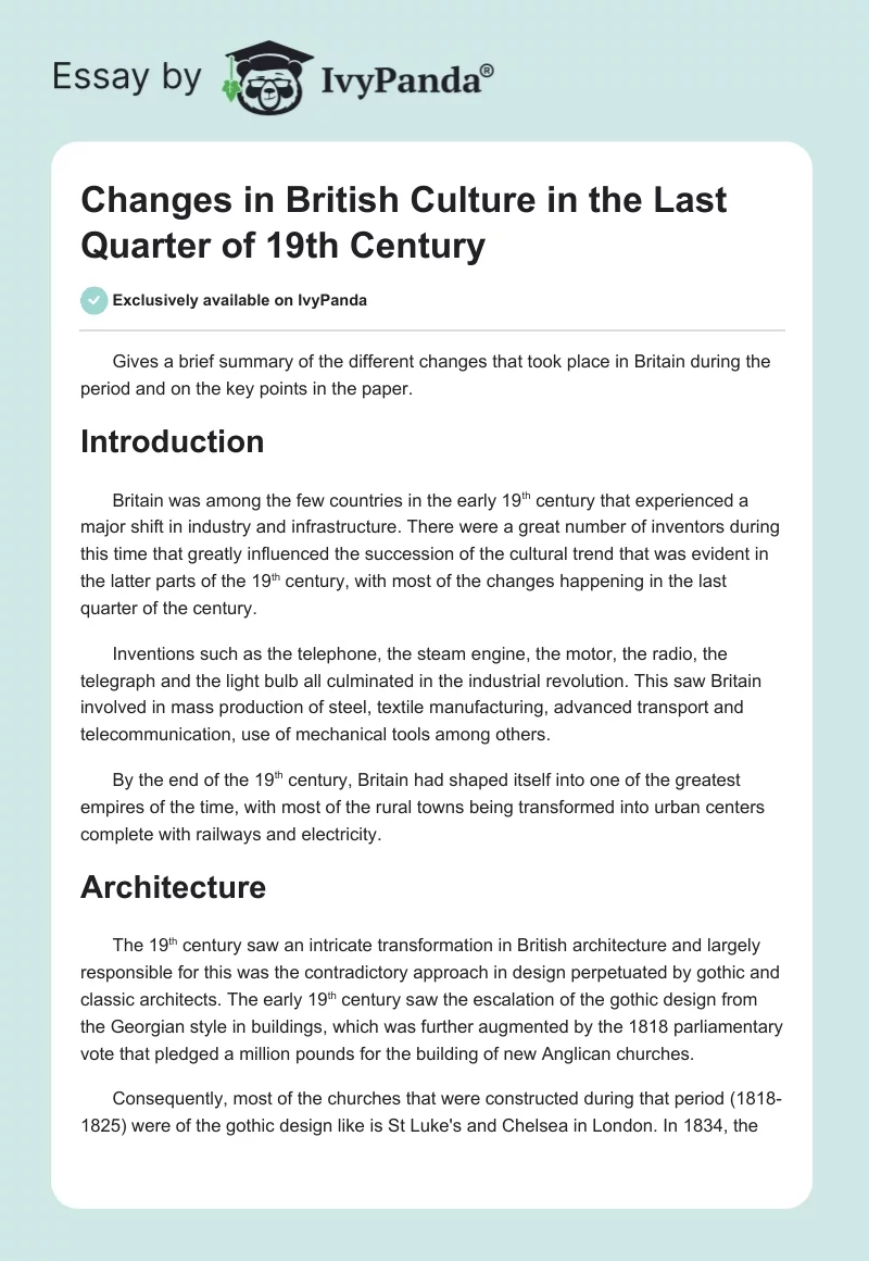 Changes in British Culture in the Last Quarter of 19th Century. Page 1