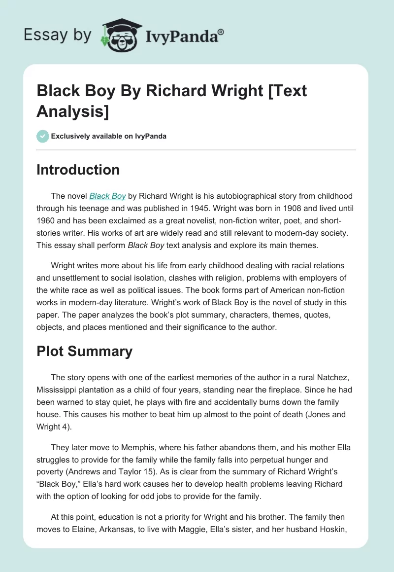 Black Boy By Richard Wright [Text Analysis]. Page 1