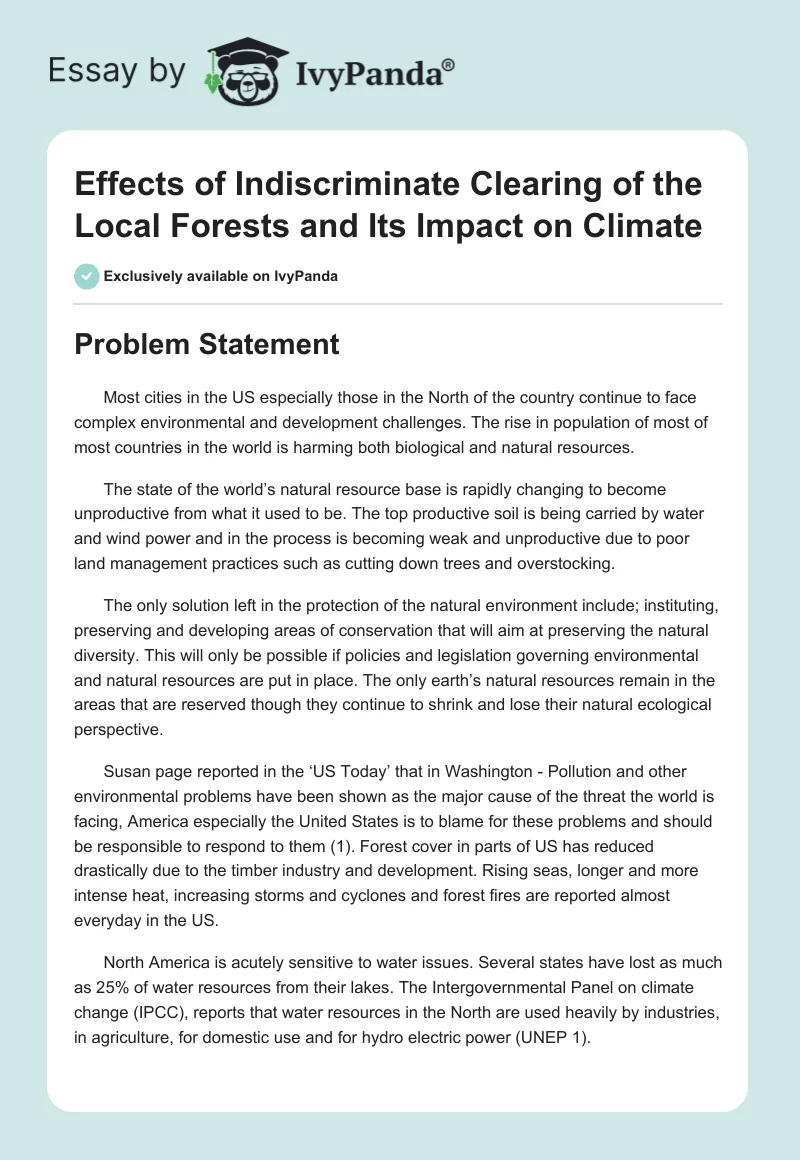 Effects of Indiscriminate Clearing of the Local Forests and Its Impact on Climate. Page 1