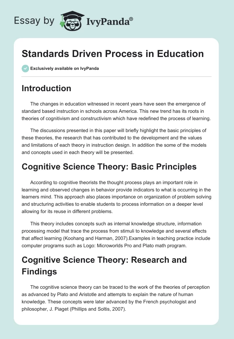 Standards Driven Process in Education. Page 1