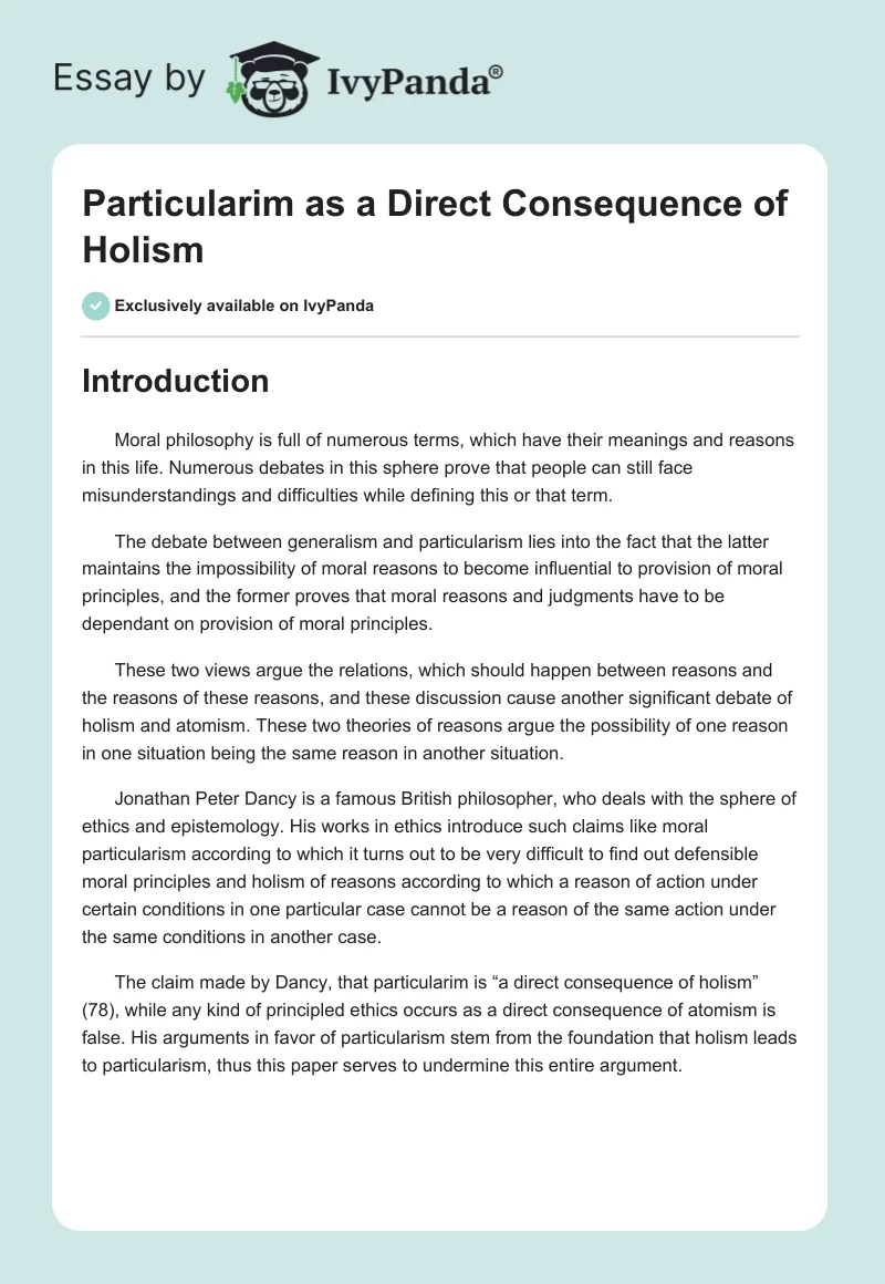Particularim as a Direct Consequence of Holism. Page 1