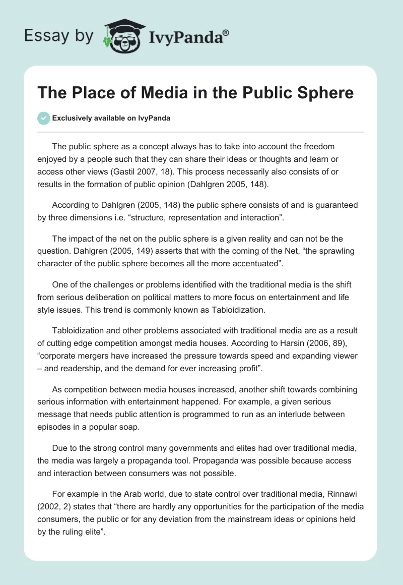 The Place of Media in the Public Sphere. Page 1