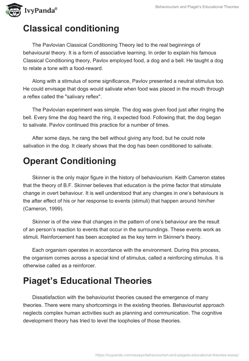 Behaviourism and Piaget’s Educational Theories. Page 2