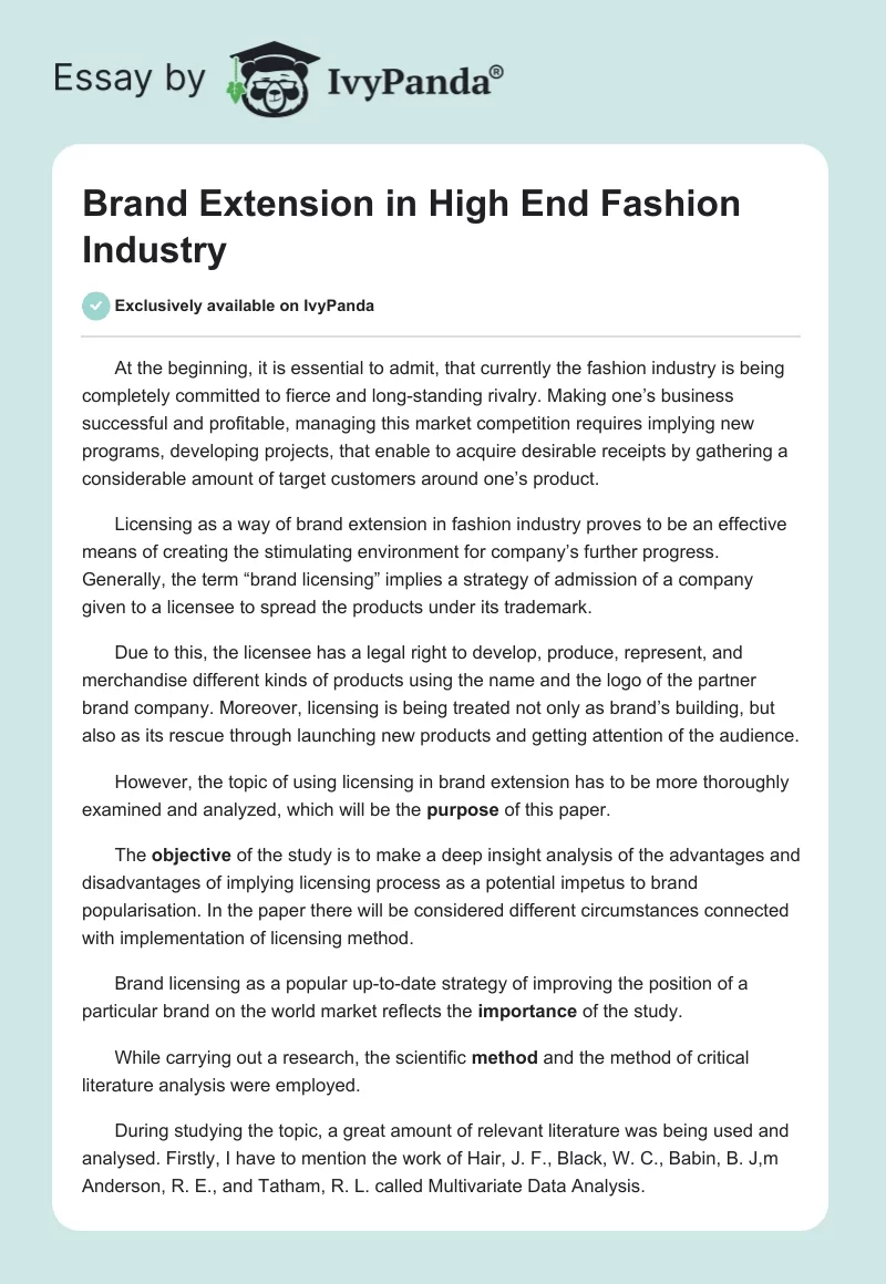 Brand Extension in High End Fashion Industry. Page 1