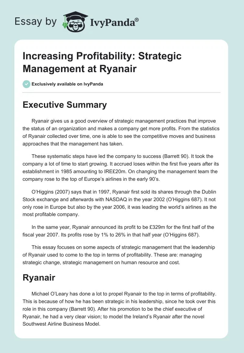 Increasing Profitability: Strategic Management at Ryanair. Page 1