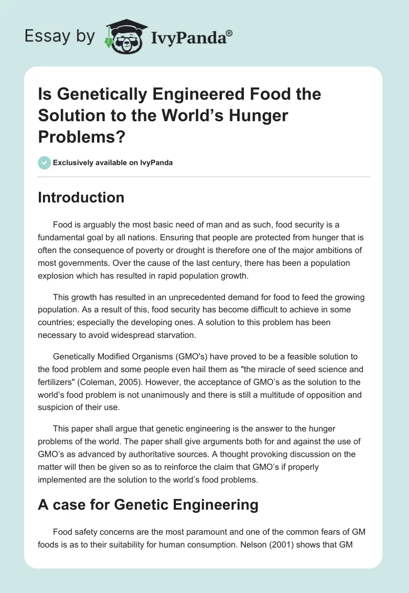 Is Genetically Engineered Food the Solution to the World’s Hunger Problems?. Page 1