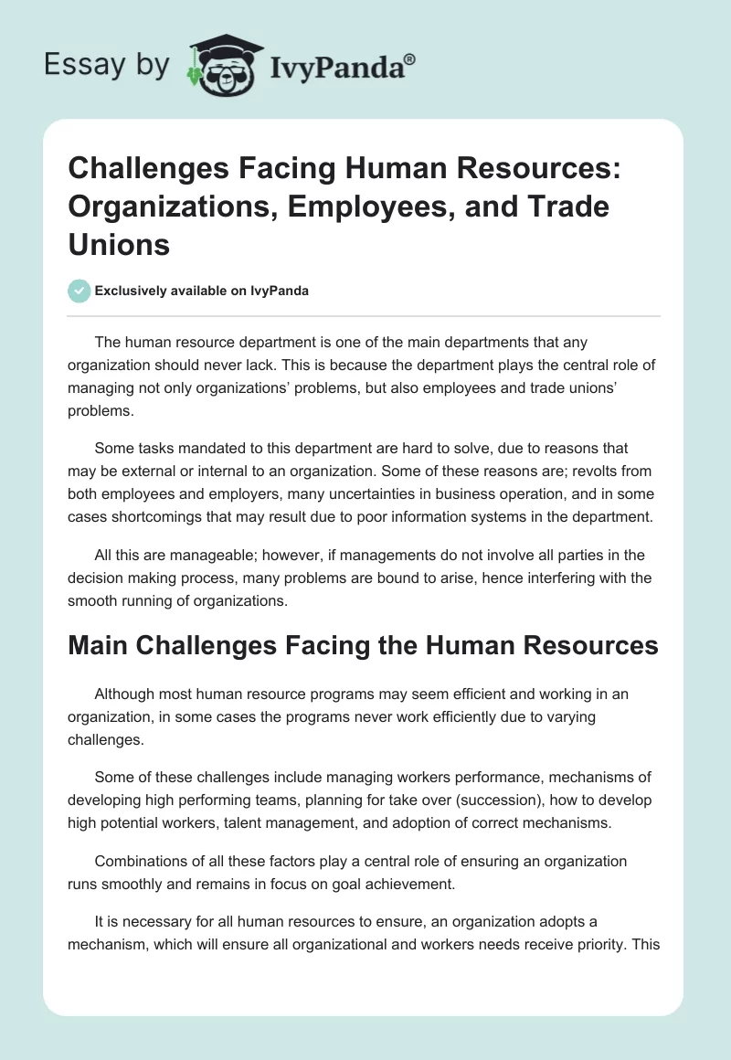 Challenges Facing Human Resources: Organizations, Employees, and Trade Unions. Page 1
