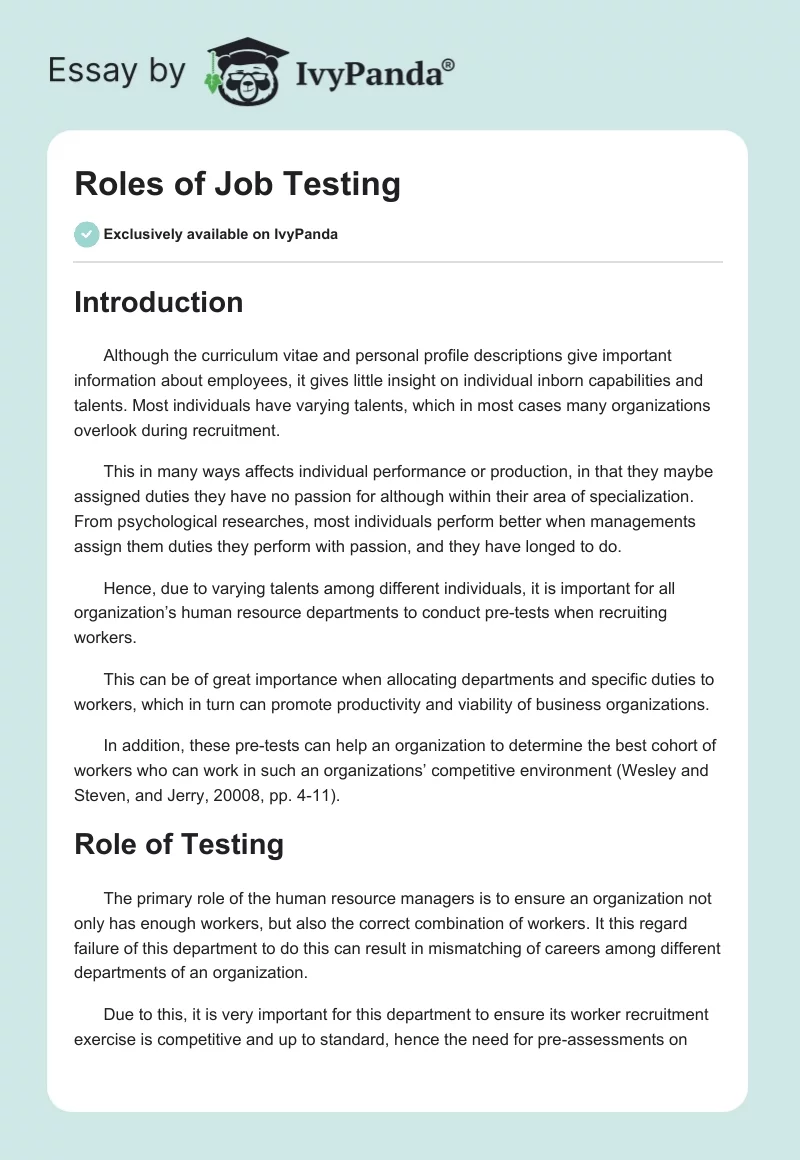 Roles of Job Testing. Page 1