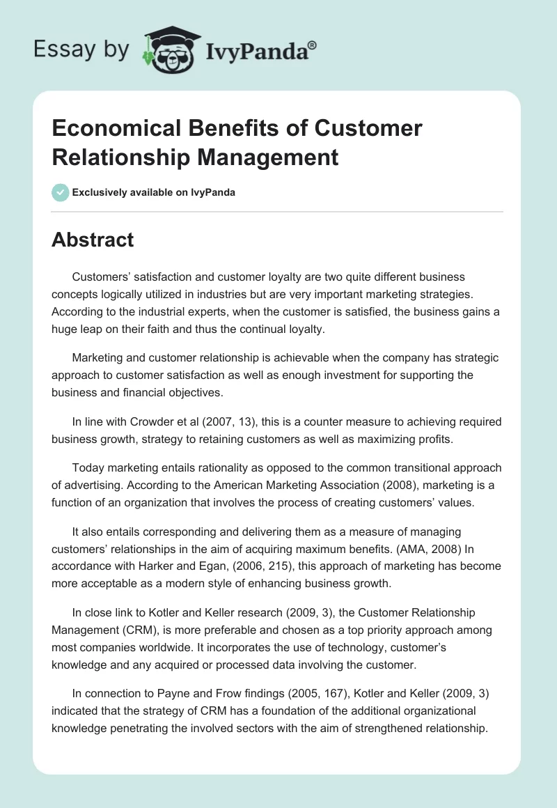 Economical Benefits of Customer Relationship Management. Page 1