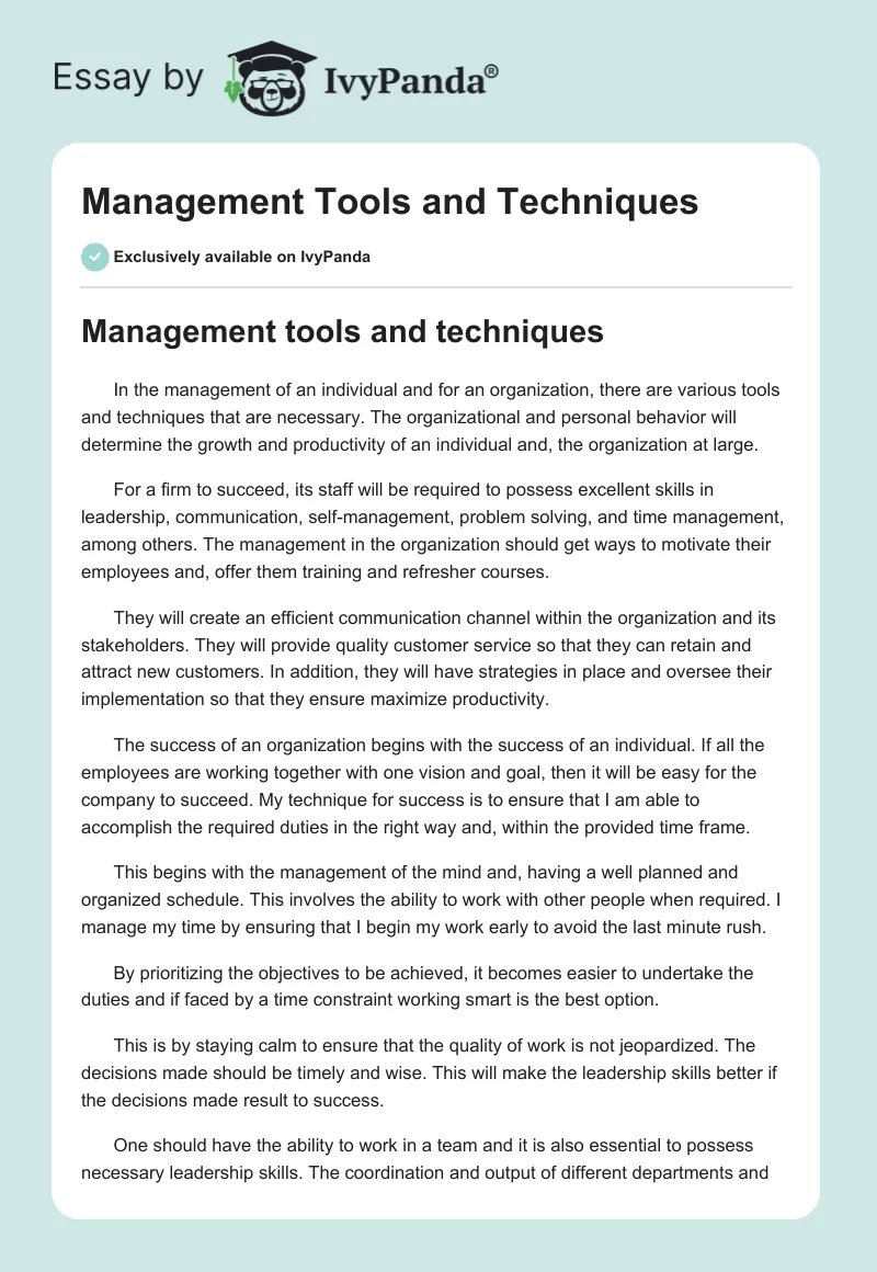Management Tools and Techniques. Page 1