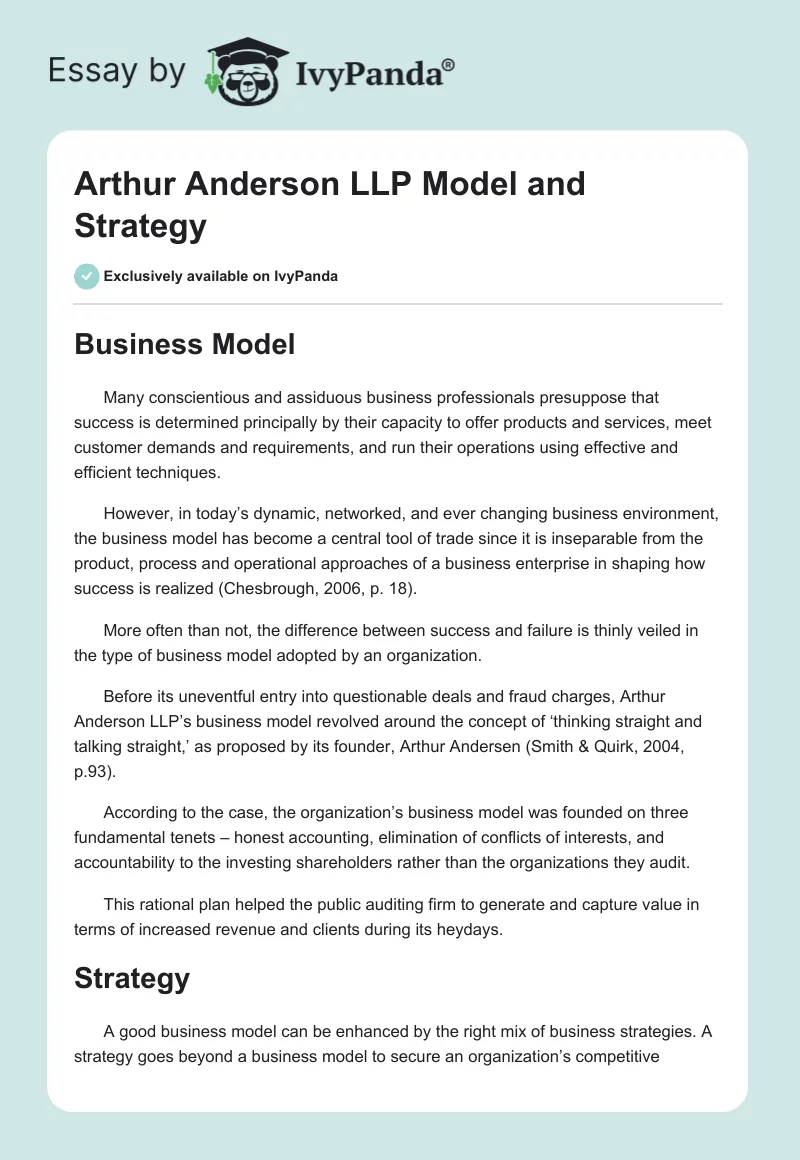 Arthur Anderson LLP Model and Strategy. Page 1