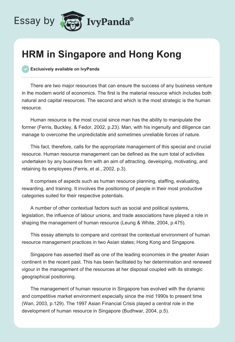 HRM in Singapore and Hong Kong. Page 1