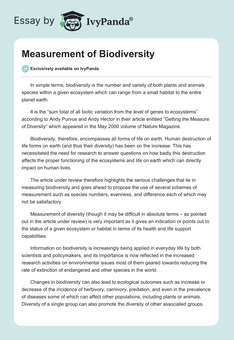 Measurement of Biodiversity. Page 1