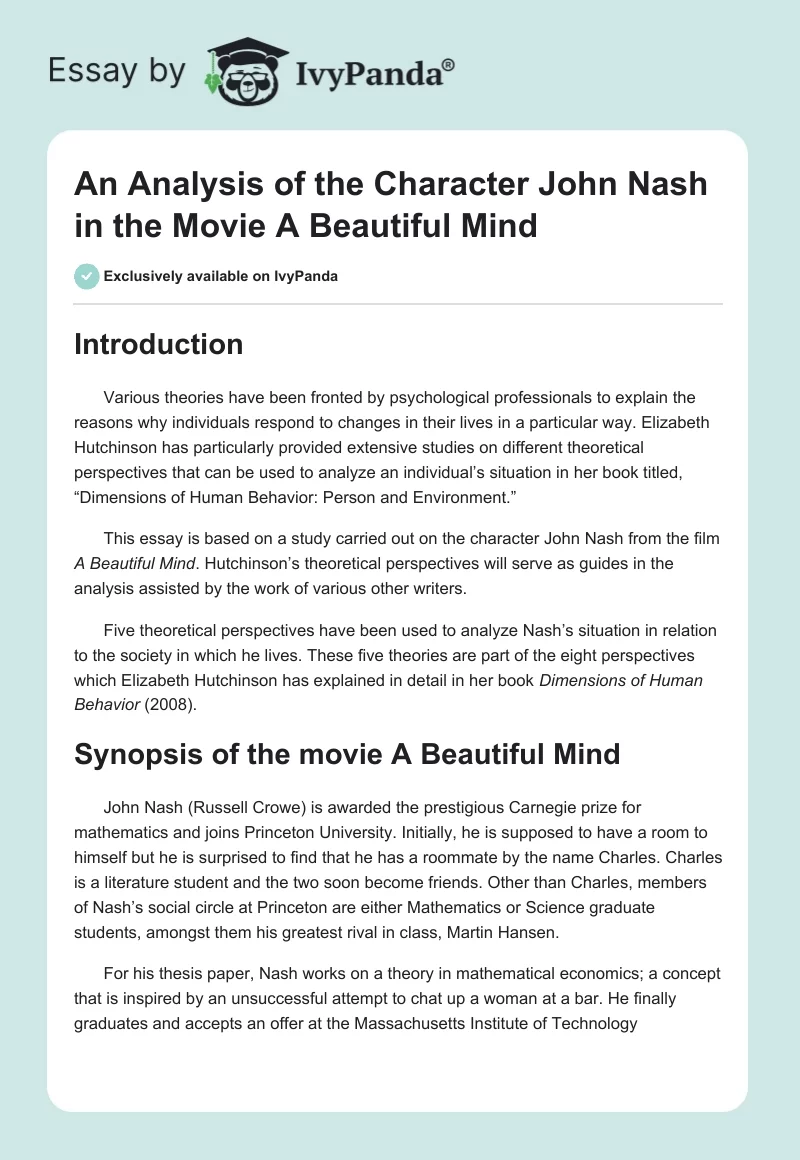 An Analysis of the Character John Nash in the Movie A Beautiful Mind. Page 1