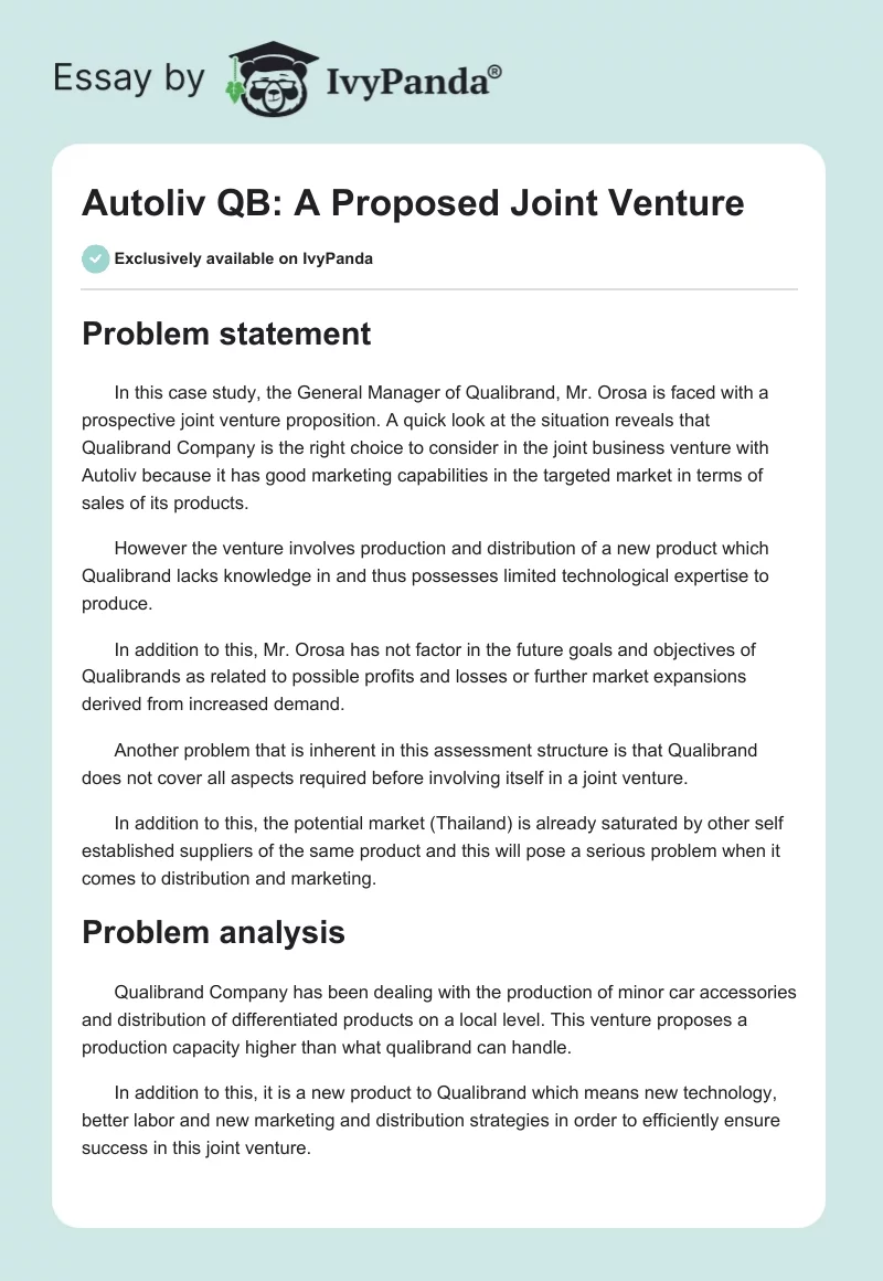 Autoliv QB: A Proposed Joint Venture. Page 1