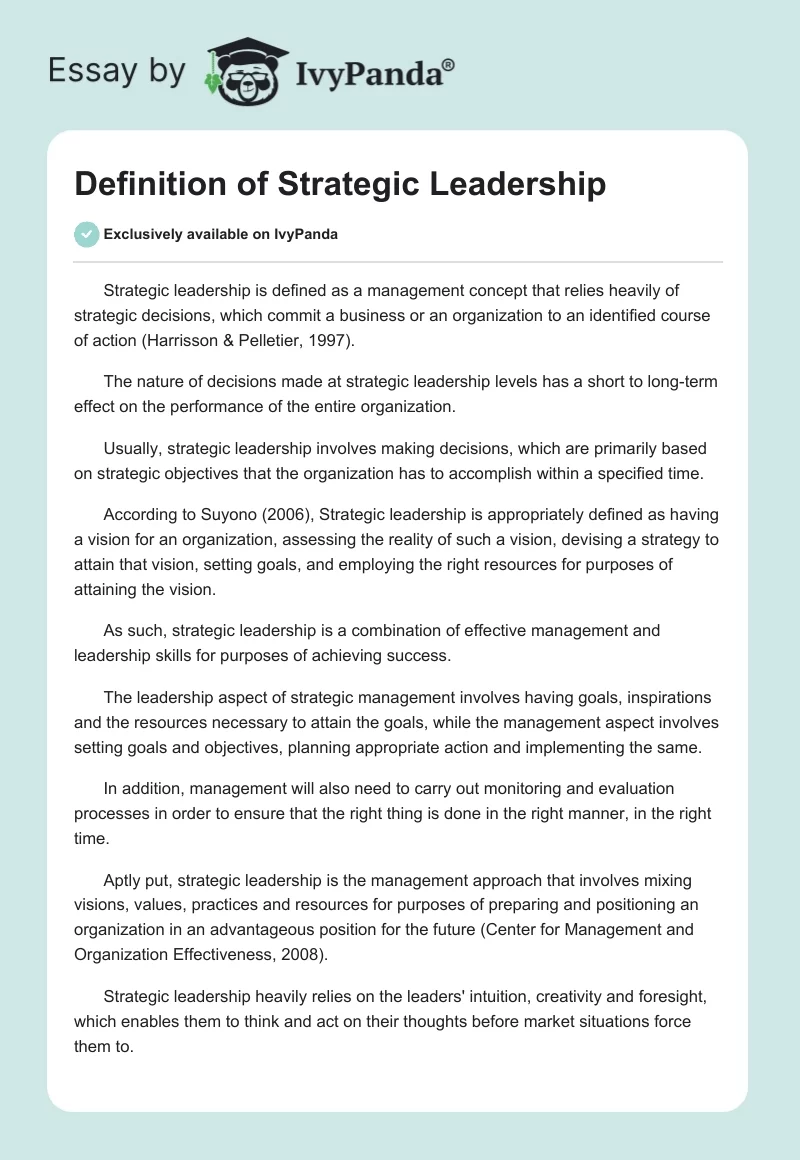 Definition of Strategic Leadership. Page 1