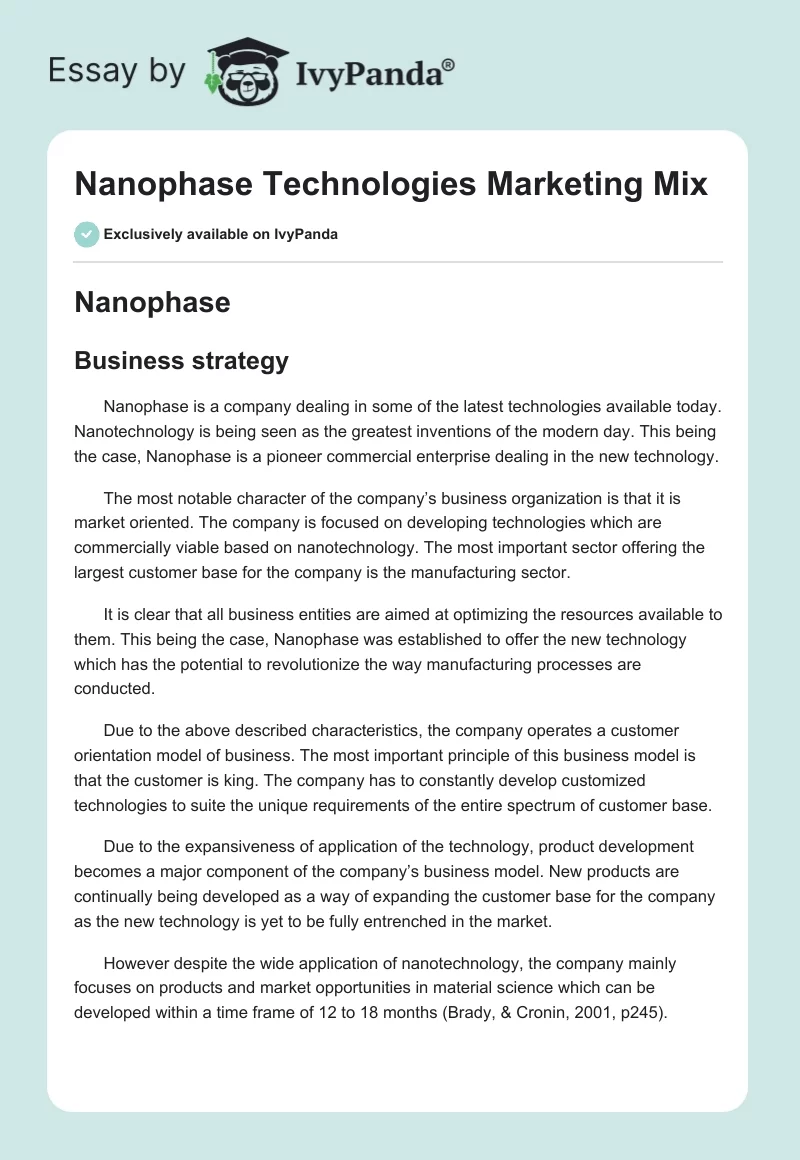 Nanophase Technologies Marketing Mix. Page 1