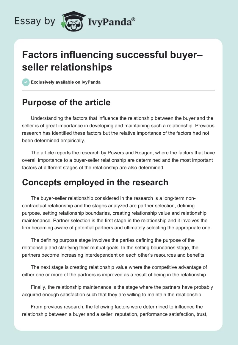 Factors influencing successful buyer–seller relationships. Page 1