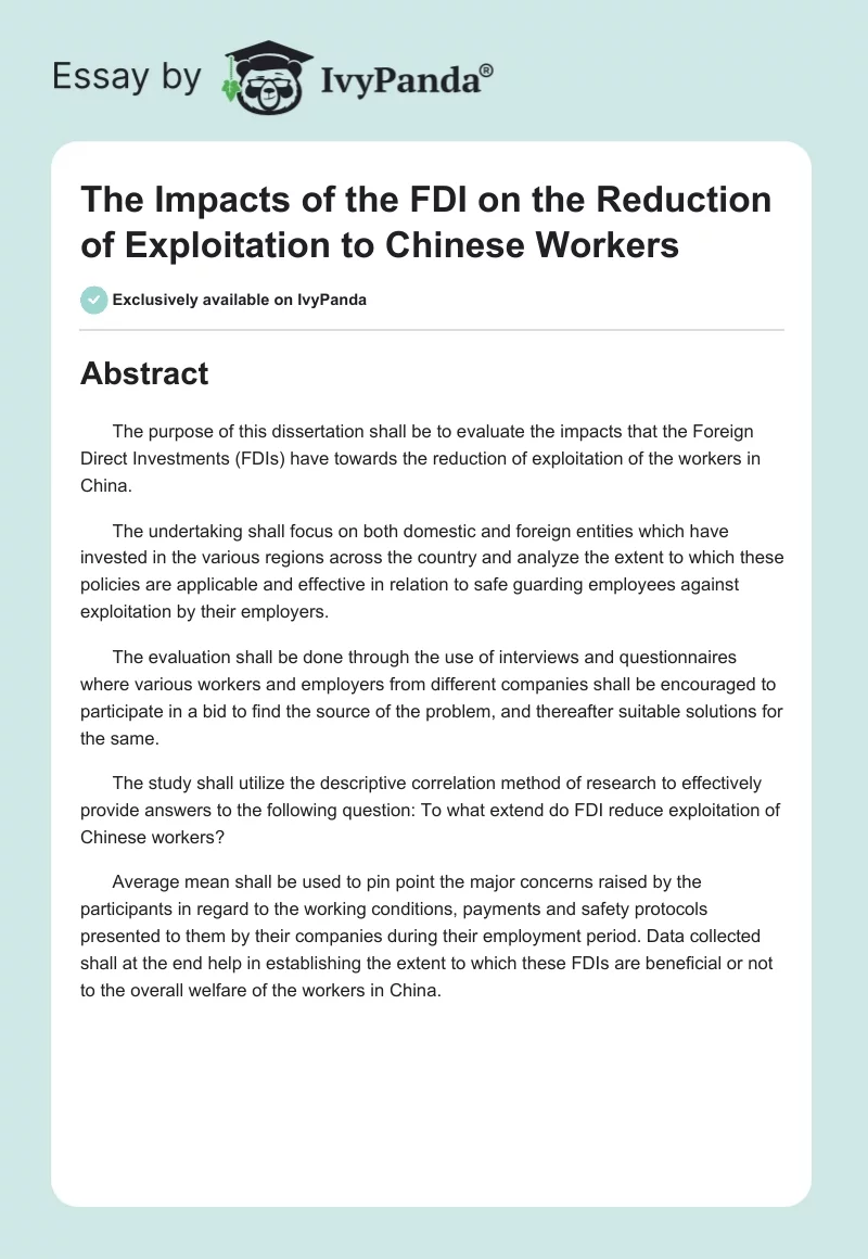 The Impacts of the FDI on the Reduction of Exploitation to Chinese Workers. Page 1