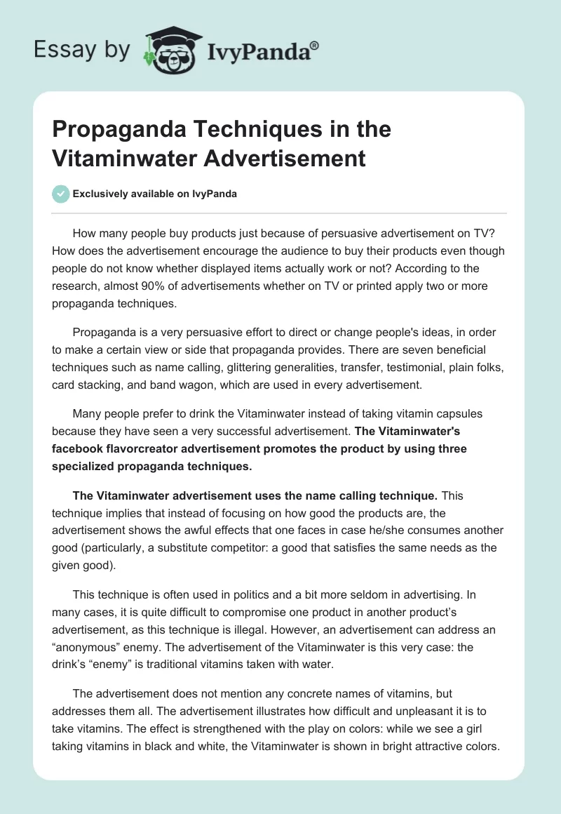Propaganda Techniques in the Vitaminwater Advertisement. Page 1