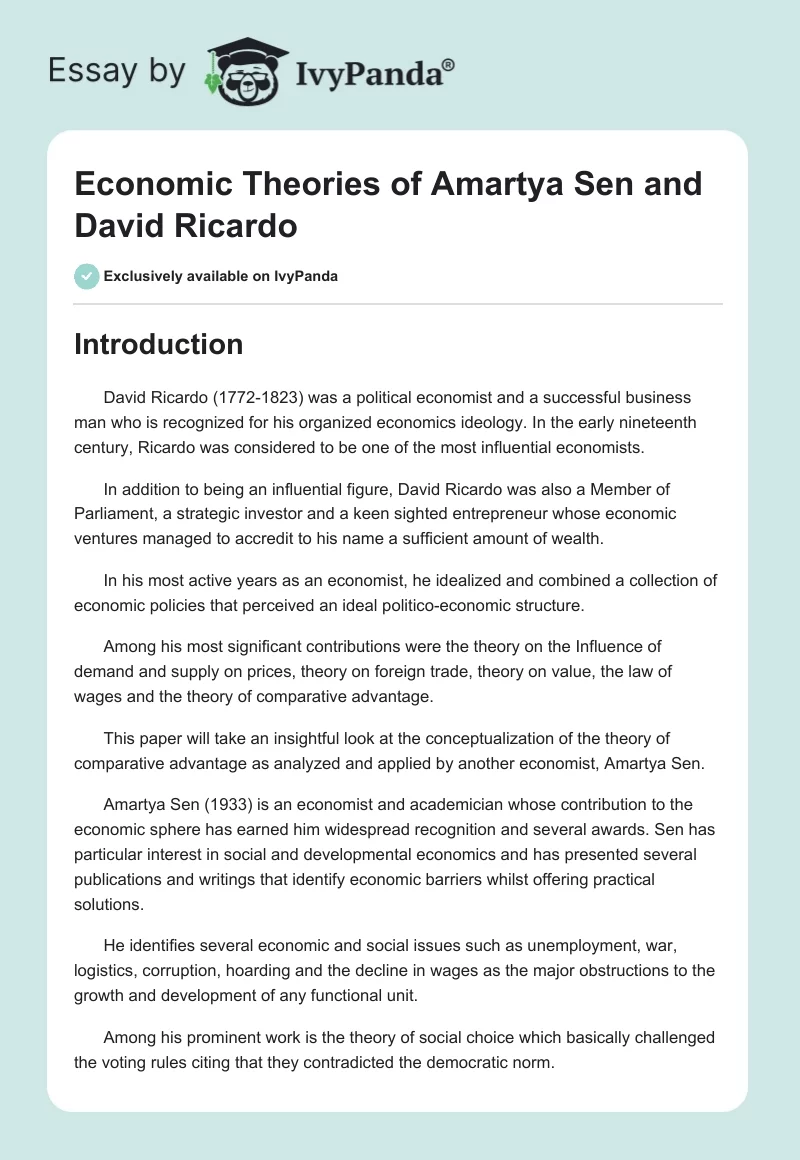 Economic Theories of Amartya Sen and David Ricardo. Page 1