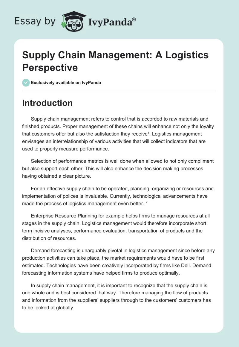 Supply Chain Management: A Logistics Perspective. Page 1