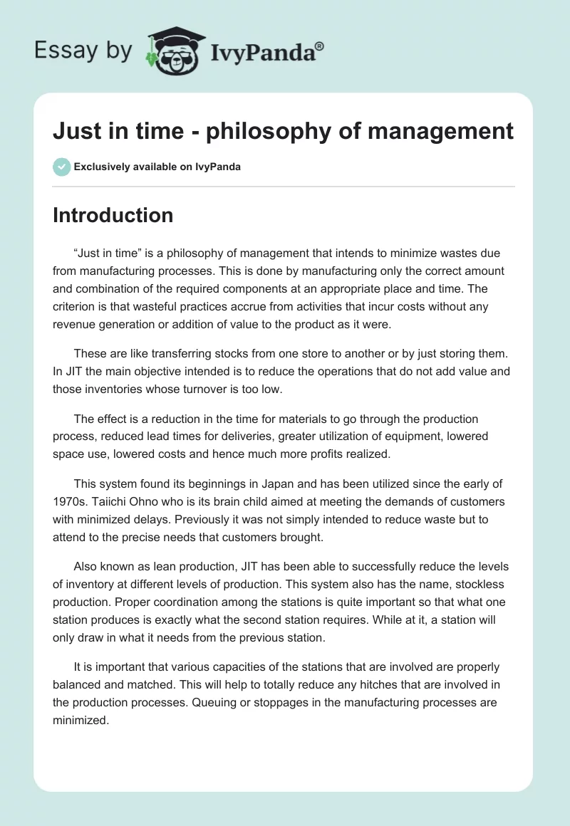"Just in Time" - Philosophy of Management. Page 1
