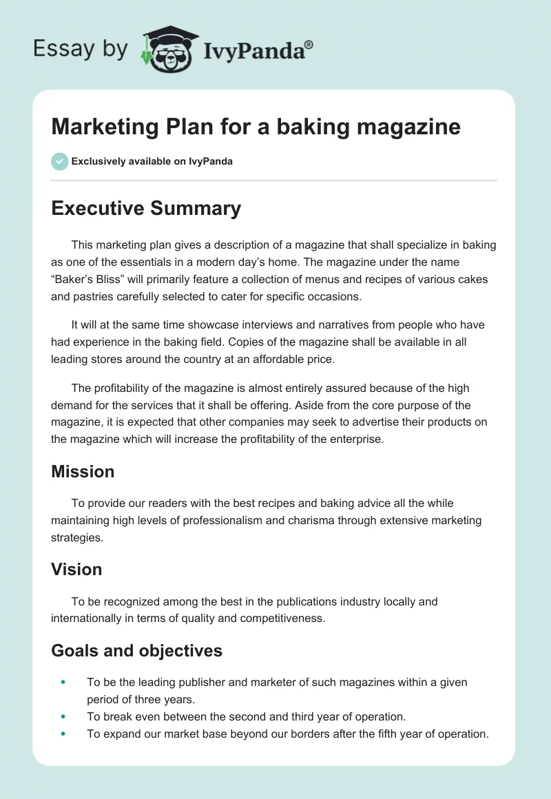 Marketing Plan for a baking magazine. Page 1