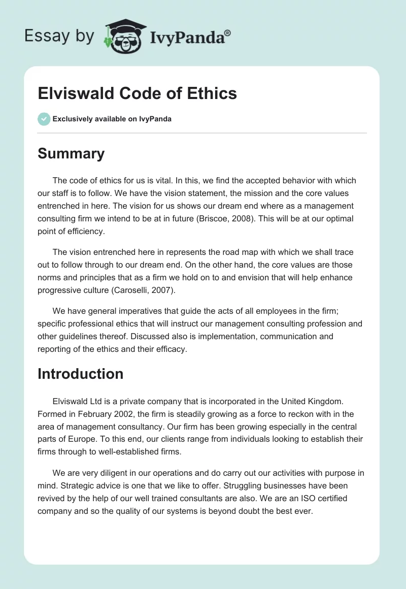 Elviswald Code of Ethics. Page 1