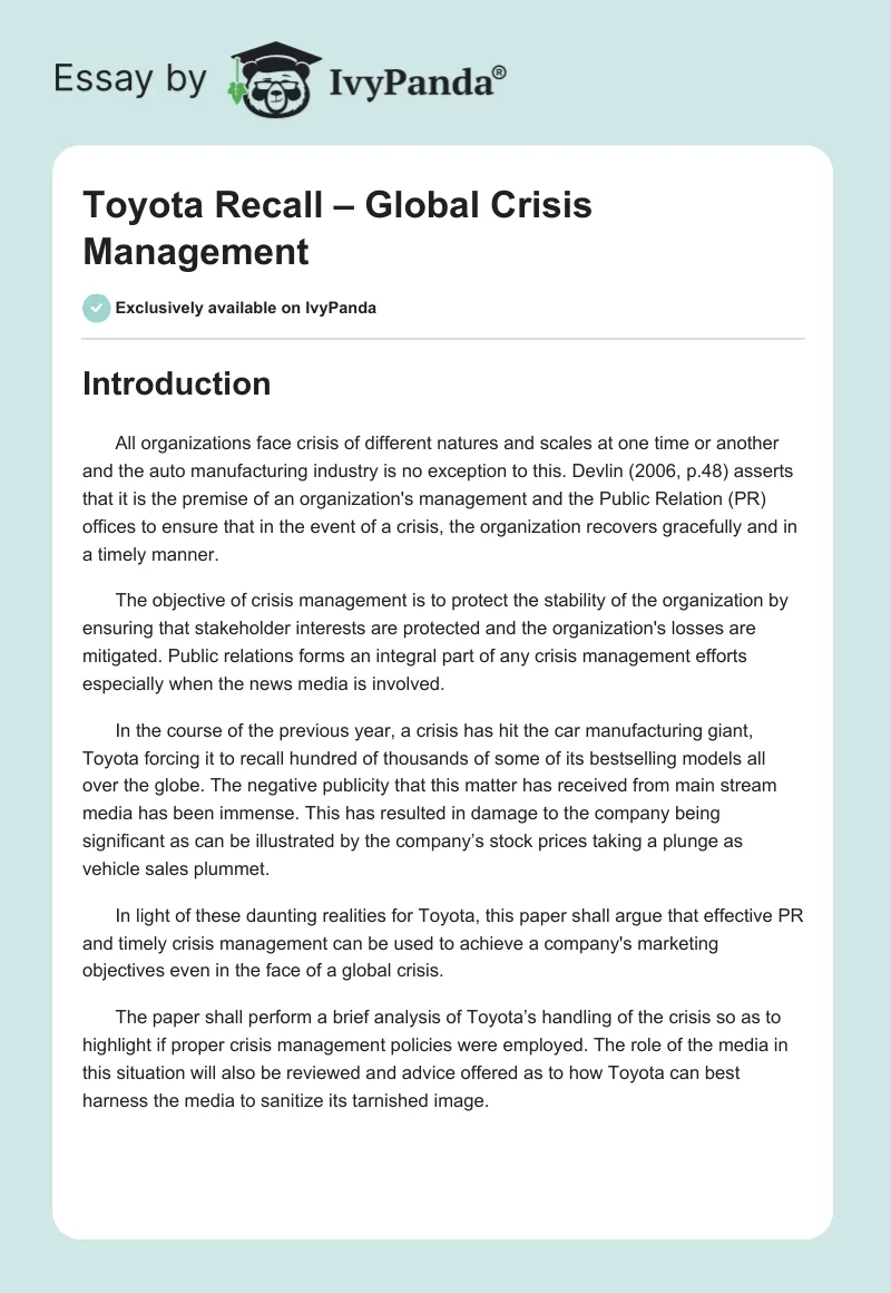 Toyota Recall – Global Crisis Management. Page 1