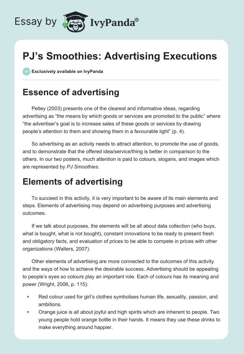 PJ’s Smoothies: Advertising Executions. Page 1