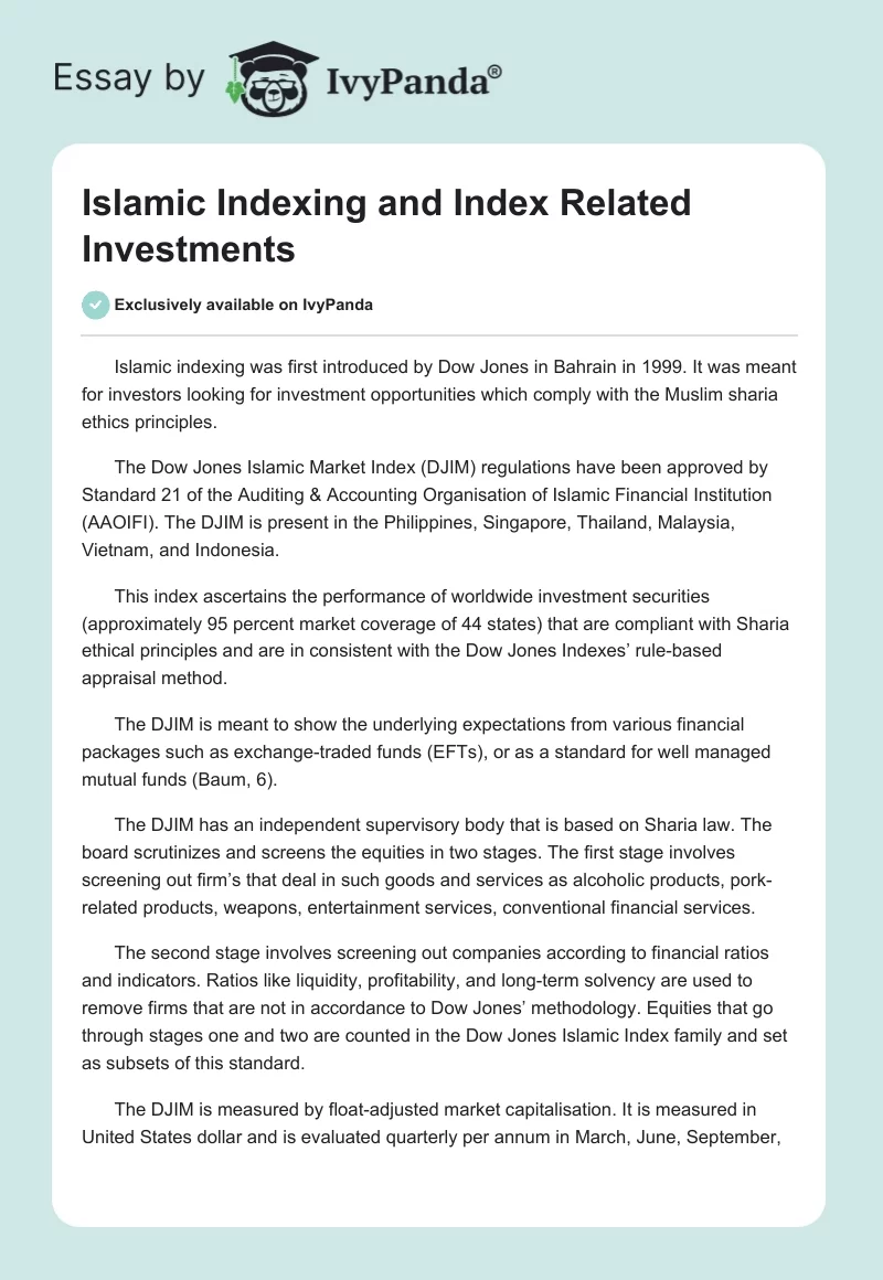 Islamic Indexing and Index Related Investments. Page 1