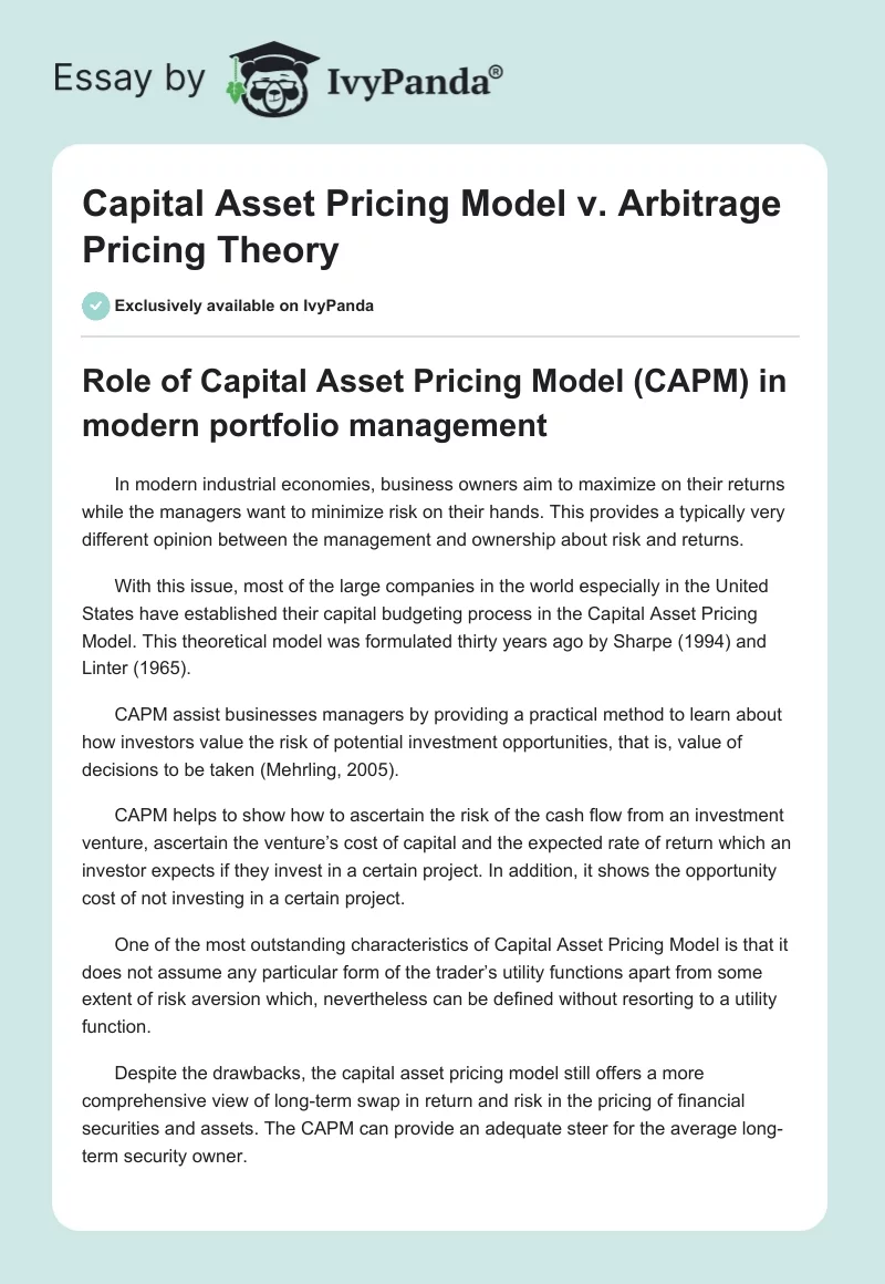Capital Asset Pricing Model v. Arbitrage Pricing Theory. Page 1