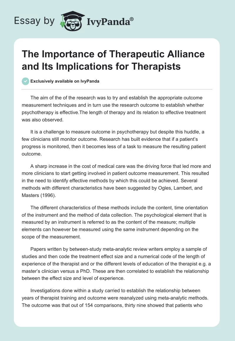 The Importance of Therapeutic Alliance and Its Implications for Therapists. Page 1