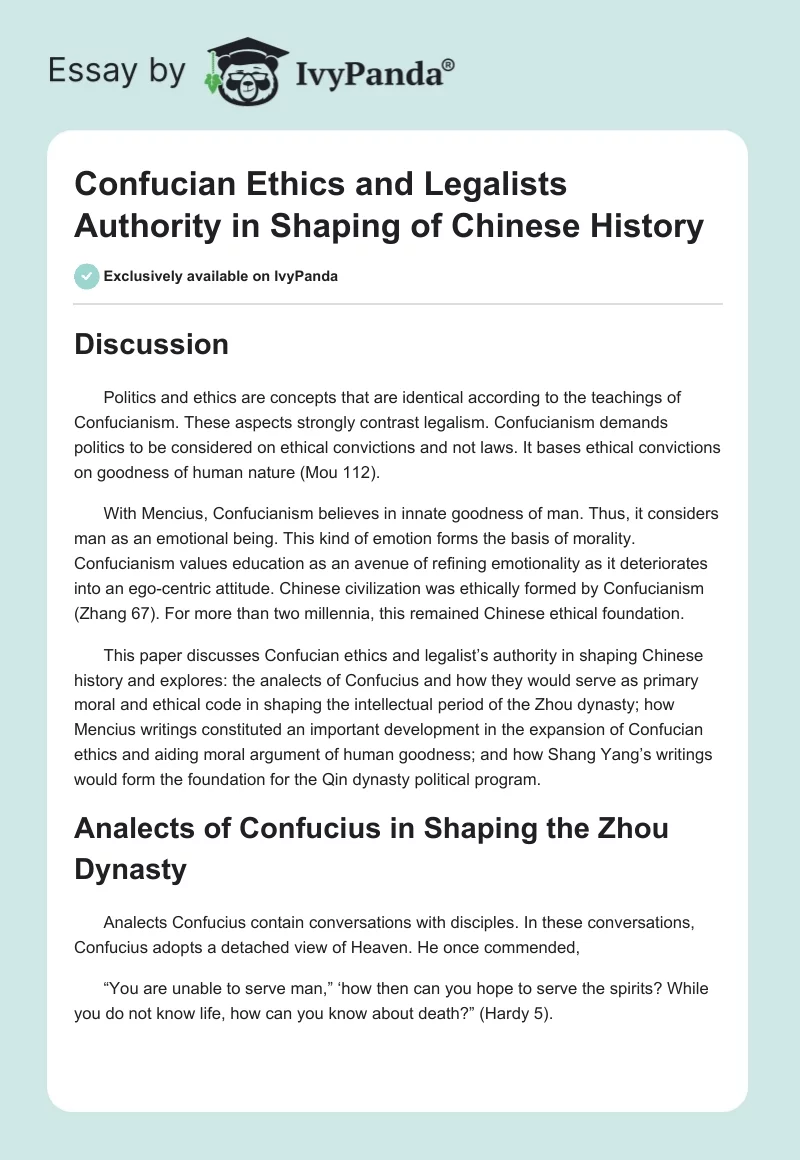 Confucian Ethics and Legalists Authority in Shaping of Chinese History. Page 1