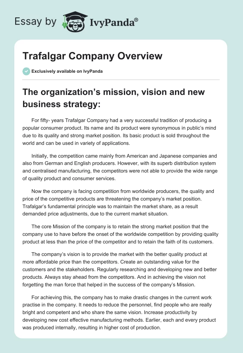 Trafalgar Company Overview. Page 1