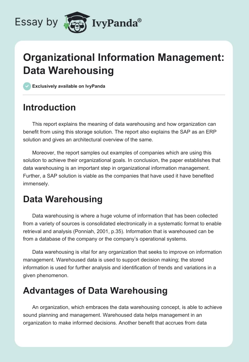 Organizational Information Management: Data Warehousing. Page 1