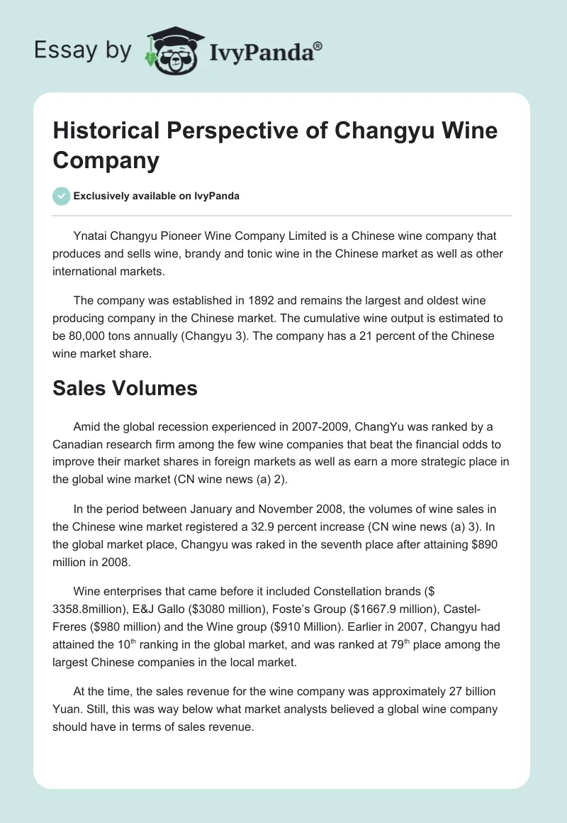 Historical Perspective of Changyu Wine Company. Page 1