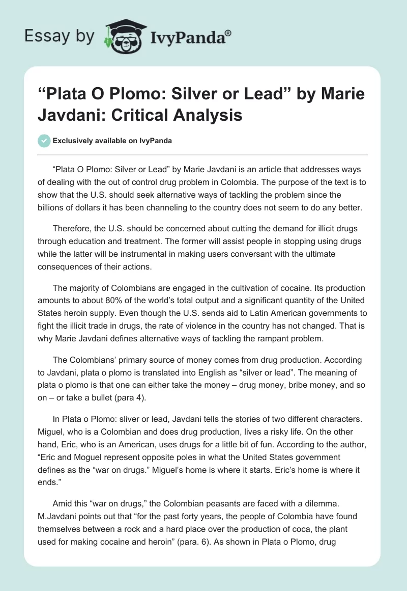 “Plata O Plomo: Silver or Lead” by Marie Javdani: Critical Analysis. Page 1