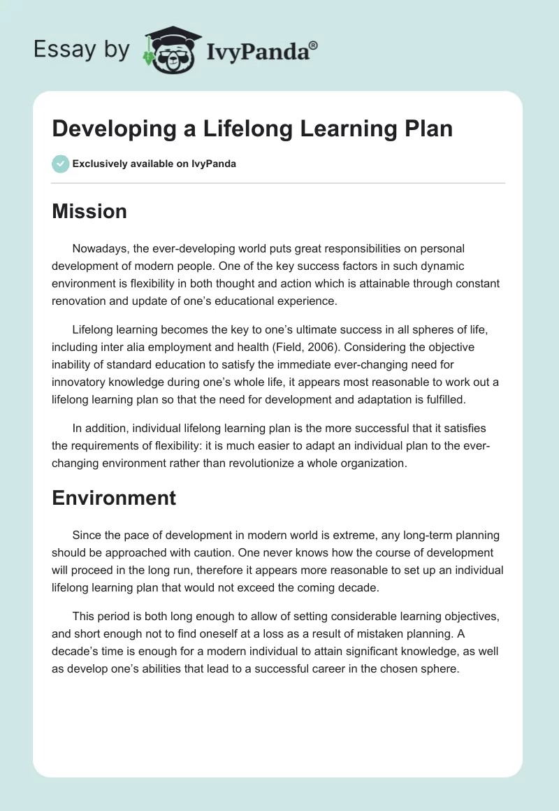 Developing a Lifelong Learning Plan. Page 1